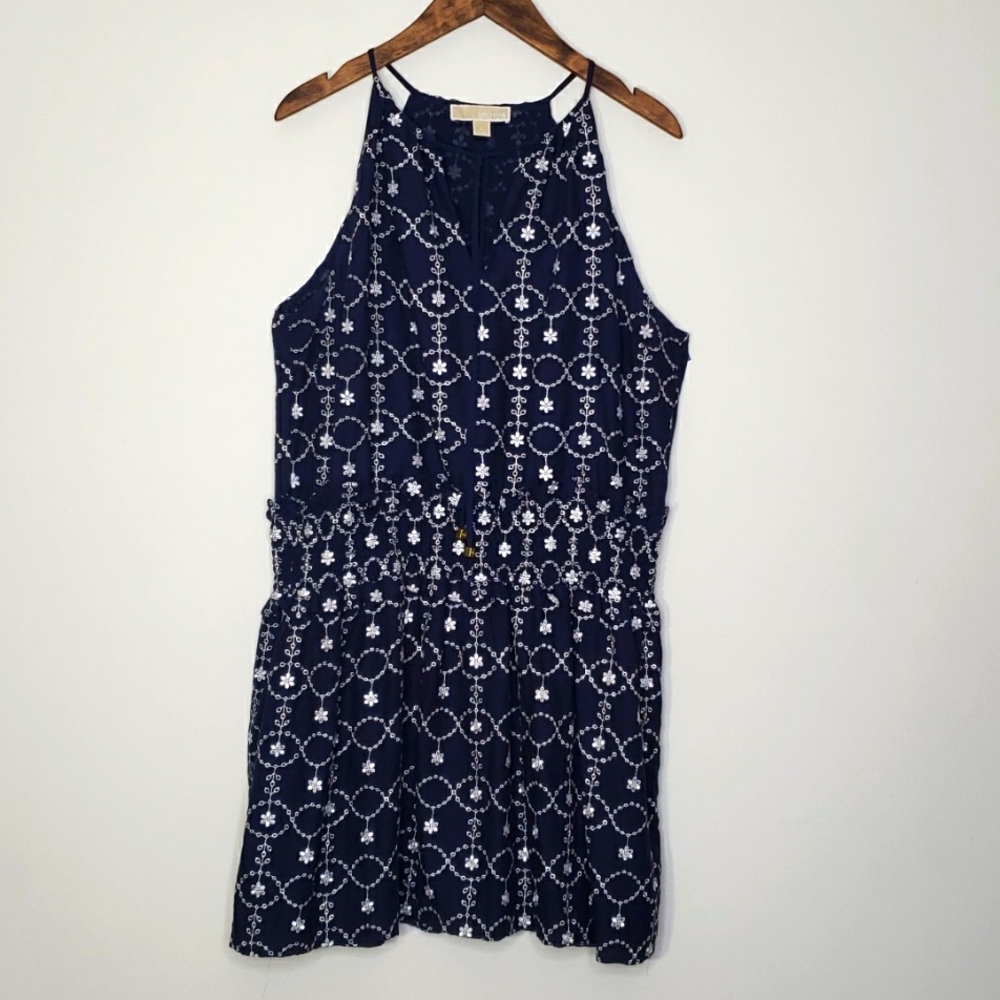 Michael Kors Blue & White Eyelet Halter Style Smocked Waist Dress L